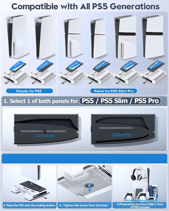 OIVO PS5/Slim/Pro Stand and Cooling Station with LED Controller Charging Station for PlayStation 5 Console, Controller Charger, Cooling Stand, PS5/Slim/Pro Accessories Kit with 3 Level Cooler Fan - Image 2