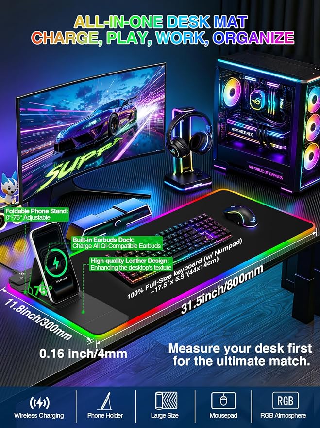 RGB Mouse Pad with Foldable Phone Stand Wireless Charger, 31.5"x11.8" XL Gaming Mousepad Large Desk Mat, Desk Pad with 11 Colors 5 Modes, Waterproof - Image 2