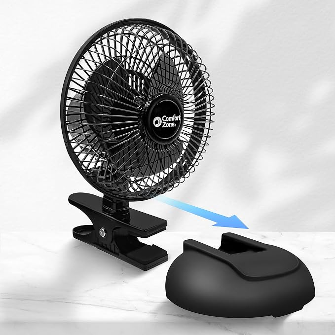 Comfort Zone CZ6XMBK 6” 2-Speed Combo Clip or Desk Fan with Removable Base, Strong Clamp for Firm Grip, Suitable for Bedroom, Office, or Dorm Room, Black - Image 2