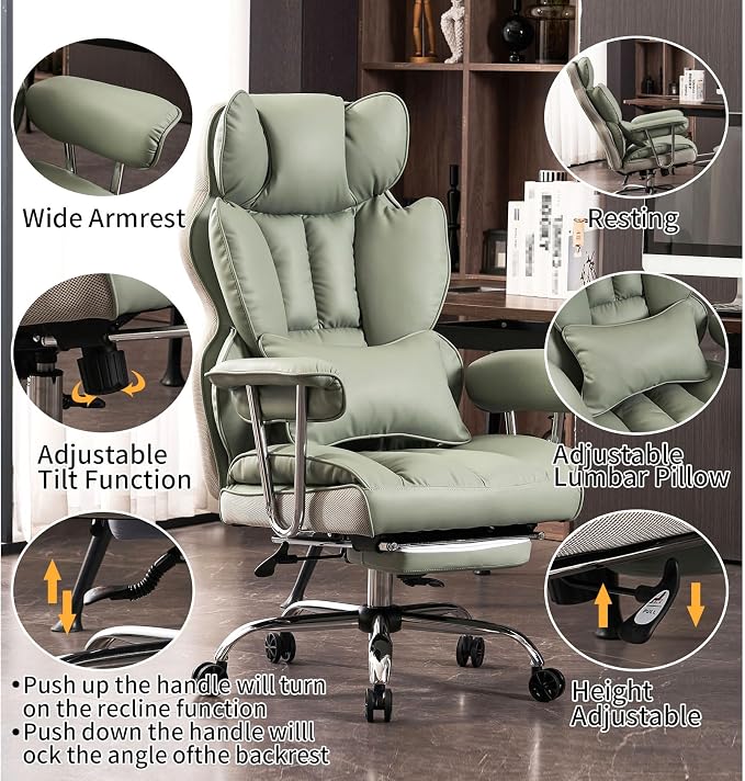 Efomao Big and Tall Office Chair 400lbs - Executive Office Chairs with Footrest, Heavy-Duty PU Leather Computer Chair for Heavy People, Light Green Home Office Desk Chairs | 400lbs support, 135° recline, dual-layer foam cushion, 23.5" seat & footrest. ... - Image 3