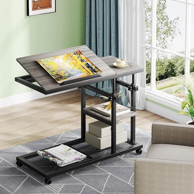 Tribesigns Height Adjustable C Table with Wheels, Mobile Couch Snack Side Table with Tiltable Drawing Board, Sofa Bedside Laptop Stand C Shaped TV Tray with Storage Shelves (Grey) - Image 3