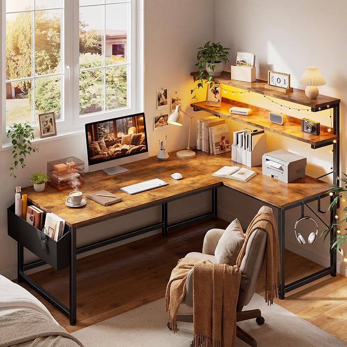 DurayLoly 53"L Shaped Desk with Storage Shelf,Side Bag,Hook for Small Space - Image 9