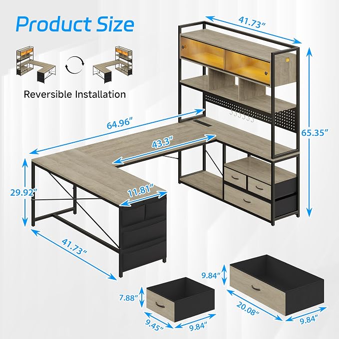 busyeah U-Shaped Gaming Desk with Storage Shelves & 3 Drawers, Oak Gray | Reversible Computer Desk with LED Lights & Charging Station, Gaming Desk with Hutch and Pegboard for Home Office, Gamers - Image 2