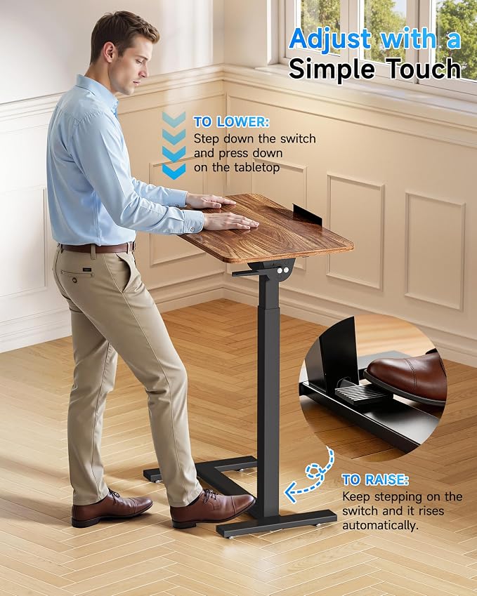 BIZUM Mobile Standing Desk Laptop Desk Pneumatic with Wheels 180° Tilt Top Hospital Bed Table Portable Rolling Cart Foldable Bedside Table for Hospital&Home Use, Walnut - Image 7