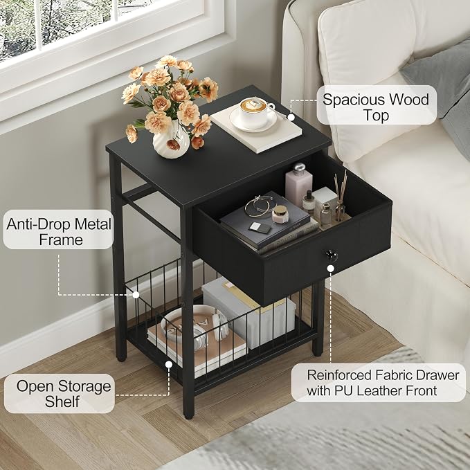 Nightstands Set of 2 with PU Leather Front Drawer, 3-Tier End Table with Bottom Mesh Basket, Industrial Bedside Tables for Bedroom, Black - Image 4