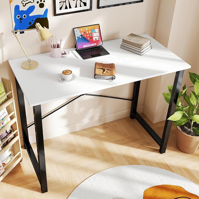 OLIXIS 47 Inch Computer Office Desk for Small Spaces, Writing Gaming Work Desk Modern Study Table with Metal Frame Home Bedroom, White - Image 2