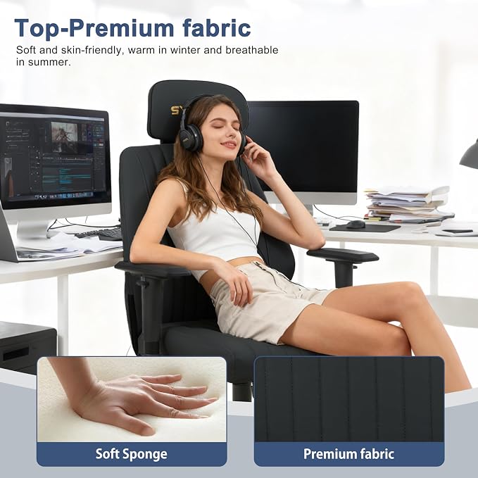 Symino Office Chair Ergonomic with 109° Rocking Function, Premium PU Leather, Integrated Lumbar Support, Adjustable Headrest & Armrests, Swivel Desk Chair - Image 5