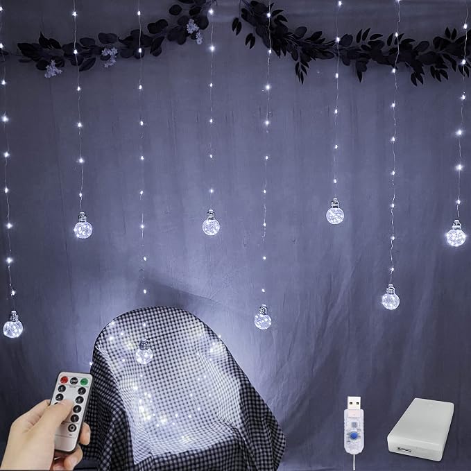 YOLIGHT Wishing Ball Curtain Lights 200 LED Window Curtain String Lights with Remote, USB Battery Powered Twinkle Globe Fairy Lights for Wedding Party Bedroom Halloween Christmas Decoration (White) by Yolight