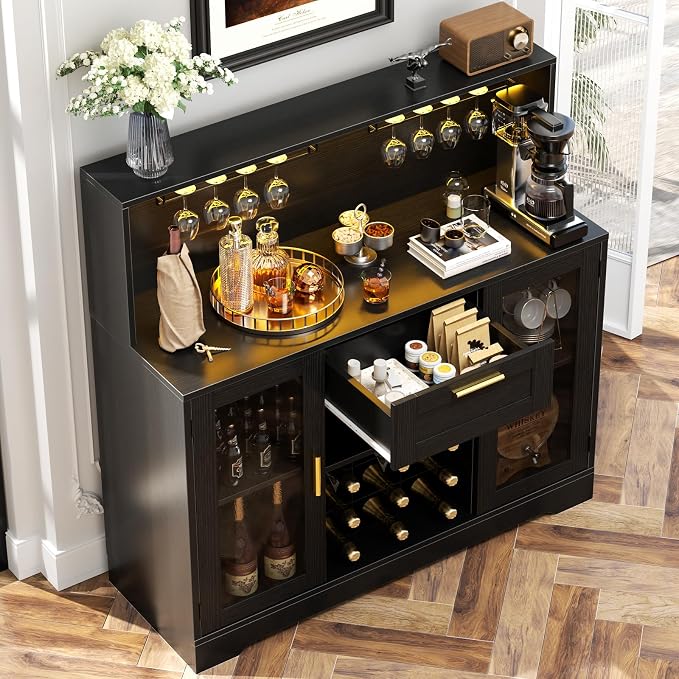 Unikito Coffee Bar Cabinet with LED Light and Storage Hutch, Black - Image 6