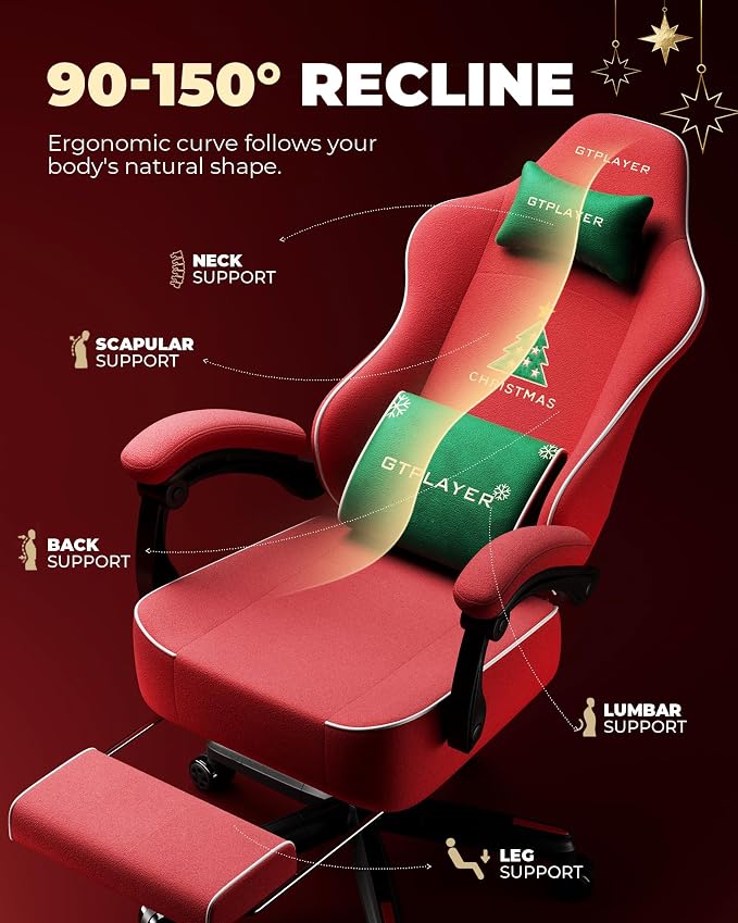 GTPLAYER Gaming Chair, Video Game Chairs with Footrest, PC Gamer Chairs for Adults - Padded High Back Ergonomic Reclining Silla Gamer, Linkage Armrest, Ace Pro, Christmas (Velvet) - Image 6