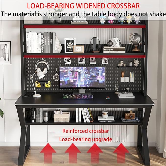 Gaming Desk, Bookshelf Desk, Home Office Computer Desk with Hutch, Gaming Desk with Pegboard, Home Desk with Built-in Bookshelf Combination, for Workspace and Study - Image 5