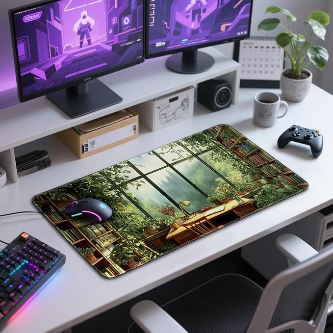 Green Study Room Large Gaming Mouse Pad Desk Mat 31.5"x15.7" | Extended Mousepad, Non-Slip Rubber Base , Stitched Edges, for Computer/Laptop/Office/Home - Image 7