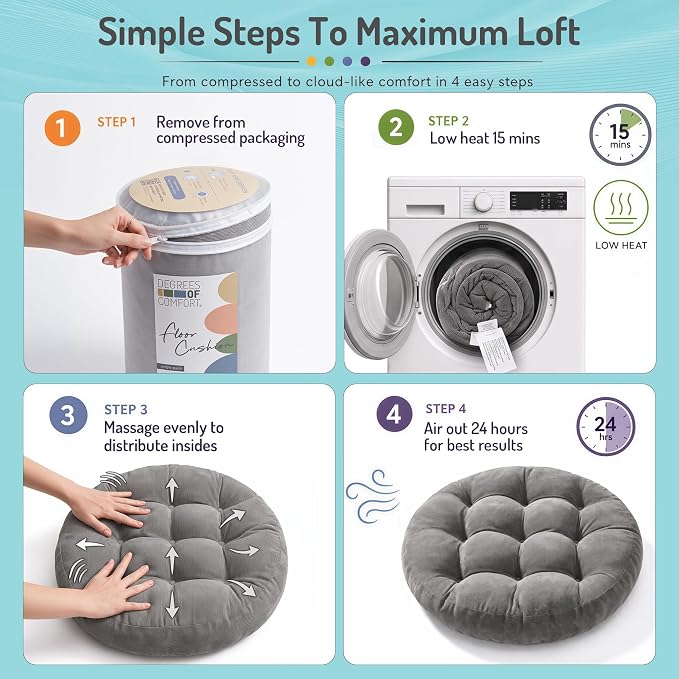 Meditation Cushions Set of 2, Large Floor Pillow for Adults, 22 Inch Round | Reading nook use, Zen relaxation, Tatami seating, Corduroy cover, 3.5 in thick, Shredded memory foam fill, Grey yoga pad - Image 7