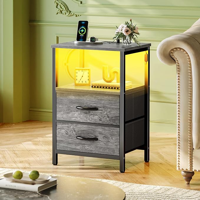 Huuger Night Stand with Charger Station and LED Lights, 2 Drawer Nightstand - Image 2