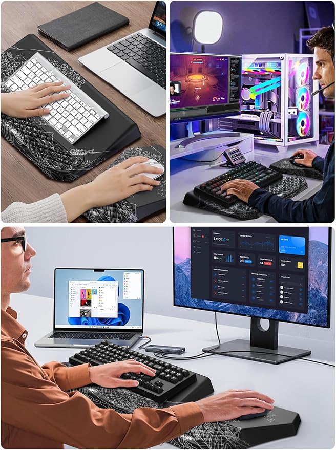 3-in-1 Ergonomic Keyboard Stand with Wrist Rest & Mouse Pad Set, Black Wave | Comfy Keyboard Riser Holder Soft Mousepad with Massage Design, Memory Foam and Non-Slip PU Base for Pain Relief - Image 7