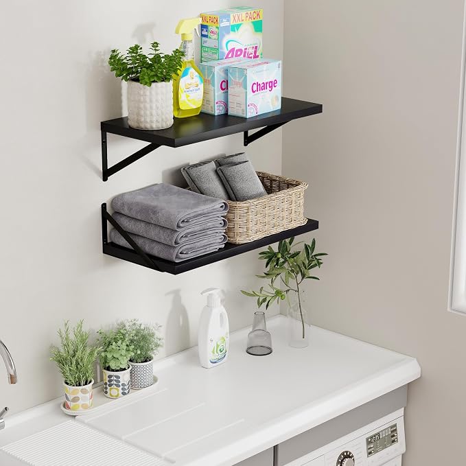 Axeman Deep Floating Shelves Black- 24 Inch Wide x 12 Inch Deep Wall Shelves Set of 2 - Black Wood Wall Shelves for Living Room Bedroom Laundry Room - Image 2