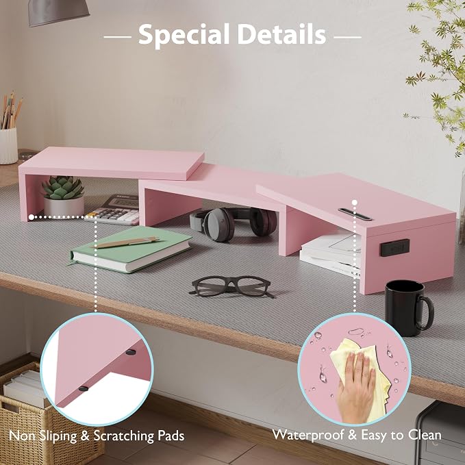 BONTEC Dual Monitor Stand Riser, Adjustable Length & Swivel Angle, Pink | Ergonomic Wooden Desktop Organizer with Smartphone Holder, Computer Monitor Stand for PC, Laptop,Printer and Large Storage - Image 7
