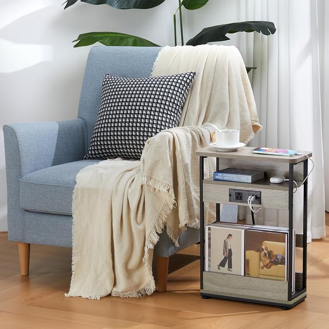 YEAKOO Narrow Side Table with Charging StationSmall Spaces Narrow End Table - Image 2