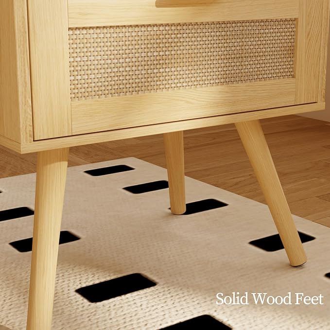 JOONEE Rattan Nightstand with Charging Station,Farmhouse Bedside Table with 2 Storage Drawer and Open Wood Shelf, for Bedroom and Small Spaces,Night Stand with Solid Wood Legs (Yellow Oak-Outlet) - Image 7