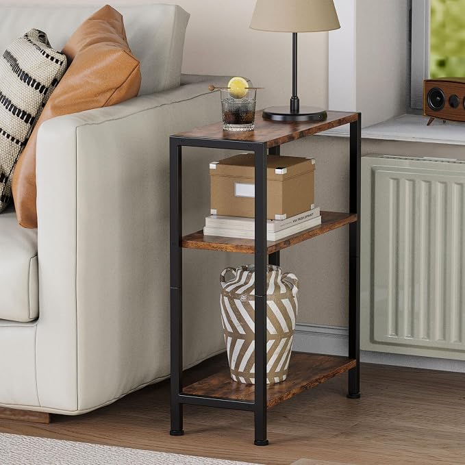3-Tier Side Table Set of 2, Small End Table, Sofa Side Table for Narrow Spaces, Slim End Table, Nightstand Table, for Living Room Bedroom Office, Rustic Brown - Image 4