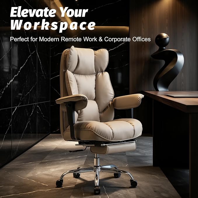 Efomao Executive Office Chair 400lbs,Grey Big and Tall Desk Chair | Mattress-grade pocket spring cushion, sleek leather, 135° recline & footrest for computer gaming setup. - Image 2