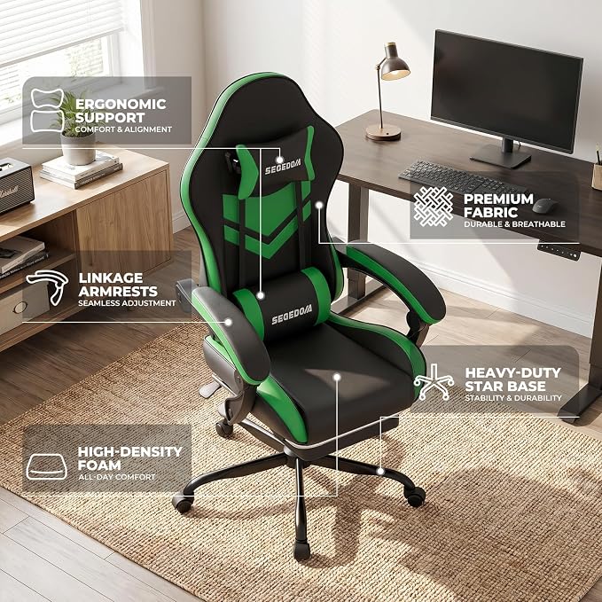 Gaming Chair with Footrest & Massage Lumbar Support, PU Leather Ergonomic High Back Swivel Height Adjustable Chair for Adults, Office Gaming, 300 lbs (Black Green) - Image 6