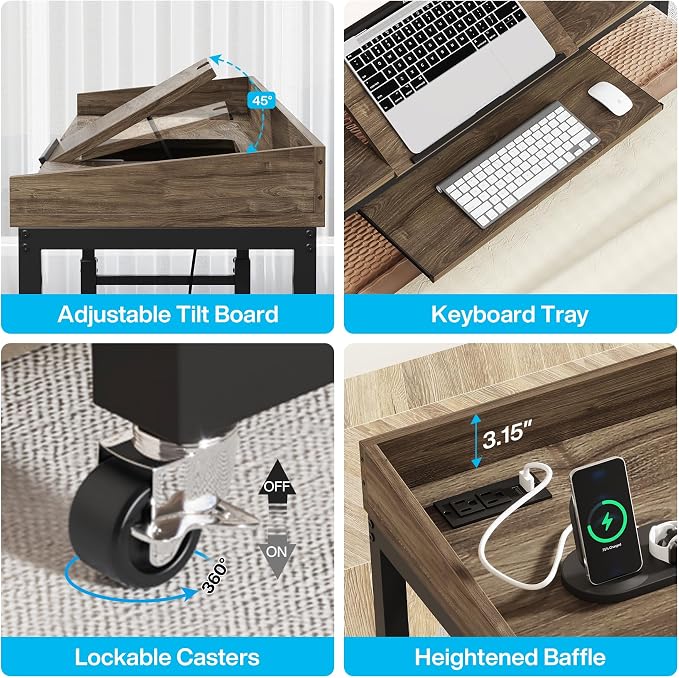 Tribesigns Height Adjustable Overbed Table with Wheels, Queen Size Over Bed Desk with Adjustable Tilt Stand, Mobile Laptop Cart Computer Desk with Outlets & USB Ports (Dark Gray) - Image 5