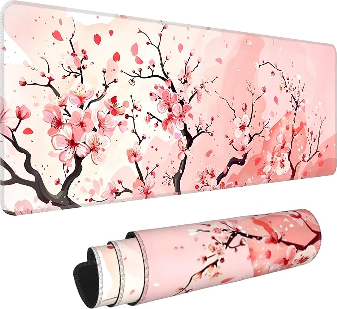 Pink Cherry Blossom Desk Mat, XL 31.5"x11.8" Large Mouse Pad, Cute Sakura Extended Gaming Mouse Mat,Non-Slip Rubber Base Waterproof with Stitched Edges for Gaming Office Home Decor by Unknown