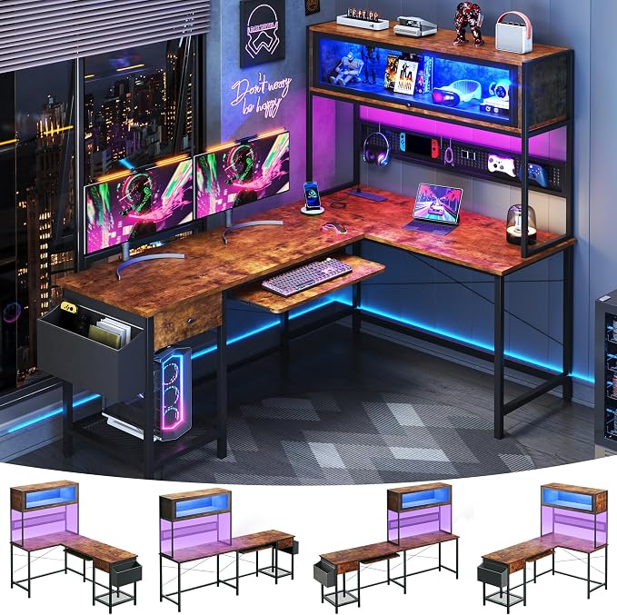 L Shaped Gaming Desk with Power Outlets & LED Lights, 49'' Reversible Computer Desk with Hutch & Pegboard & Display Cabinet, Corner Home Office Desk with Drawer & Keyboard Tray & Storage Bag, Rustic by HUAHUU