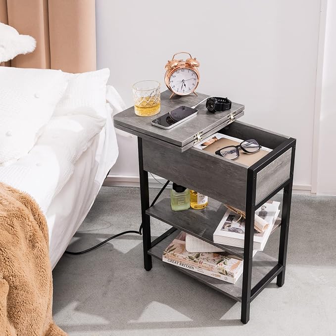 Yoobure End Table with Charging Station, Flip Top Side Table with USB Ports and Outlets, Sofa Couch Table Bedside Table for Living Room Bedroom, Narrow Nightstand with Shelves for Small Space Gray - Image 9