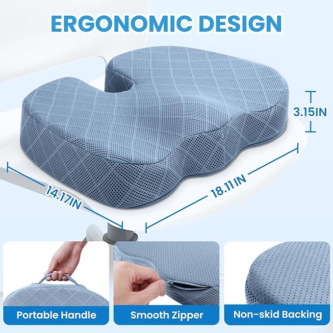 TushGuard Memory Foam Office Chair Seat Cushion - Light Blue, Large | for Car Seat, Airplane, Desk Chair - Sciatica & Hip & Coccyx Pain Relief Cushion for Long Sitting Office Workers, Car Drivers - Image 2