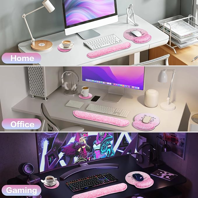 Mouse Pad with Wrist Rest Set Pink, 3-in-1 Wrist Support Mousepad Set,Gaming Mat Pad with Anti-Skid Base,Ergonomic Mouse Pad,Memory Foam Keyboard Gel Wrist Rest - Image 7
