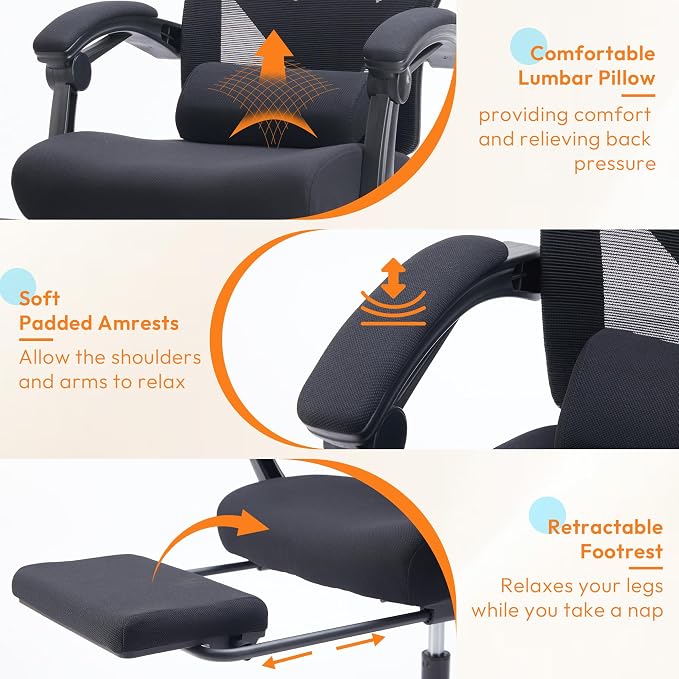 Desk Chair with Foot Rest, High-Back Mesh Office Chair, Classic Black | Reclining Gaming Chair with Headrest and Adjustable Lumbar Support, 90°-130° Reclining, for Home Office and Gaming - Image 6