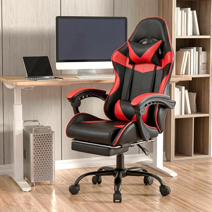 Gaming Chair, Ergonomic Footrest, Lumbar & Headrest(Red Black) | Steel frame, PVC leather & memory foam; 330 lb; 21" seat; 360° swivel, 90–155° recline; easy assembly; gaming & work - Image 8