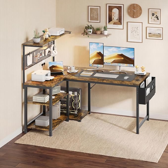 47in L Shaped Gaming Desk with Pegboard & Shelf & Storage Bag, Rustic Brown | LED Light, Power Outlet, Reversible Gaming Table, Escritorio Gamer, Corner Computer Desk for Small Space Storage, Home Office - Image 7