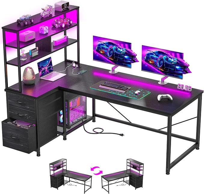 DurayLoly L Shaped Gaming Desk with 3 Fabric Drawers & Shelves for Storage by Durayloly
