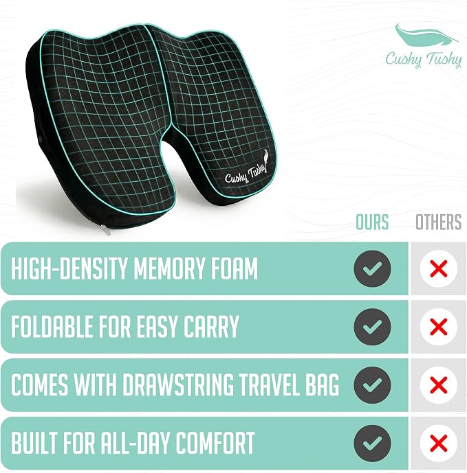 Cushy Tushy Premium Slim Foldable Travel Seat Cushion - for Relief of Lower Back, Sciatic, Butt and Tailbone Pain - for Home & Office Use, Perfect for Travel or Driving - Slim Coccyx Cushion - Black - Image 8