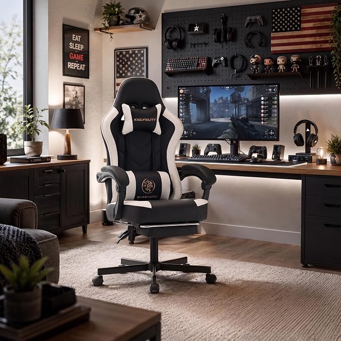 Desk Computer Gaming Chair - High Back Ergonomic Office Chair with Footrest and Lumbar Support, Swivel Comfy Home Gamer Video Game Chairs with Pocket Spring Cushion for Adults (White Leather) - Image 2