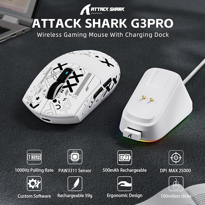 ATTACK SHARK G3 PRO Tri-Mode Wireless Gaming Mouse with RGB Charging Dock - Image 2
