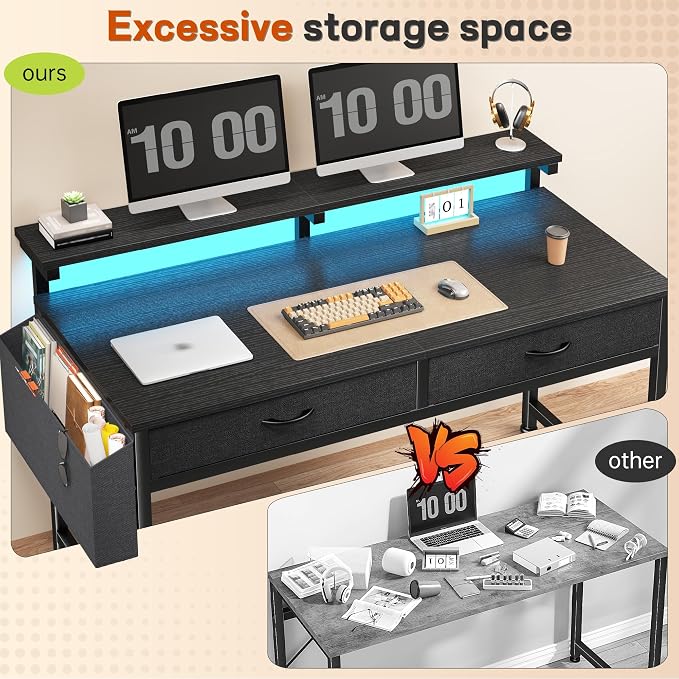 DurayLoly 47.3" Office Computer Desk with LED Lights &2Fabric Drawers,Black - Image 9