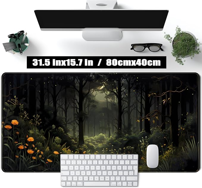 Dark Forest Desk Mat Mouse pad, Green Nature Deskmat XXL Large Extended Aesthetic Plant Mousepad Gaming Desk Pad, Big Laptop Computer Keyboard and Mouse Mat for Women Office Desk Decor 31.5x15.7 in - Image 2
