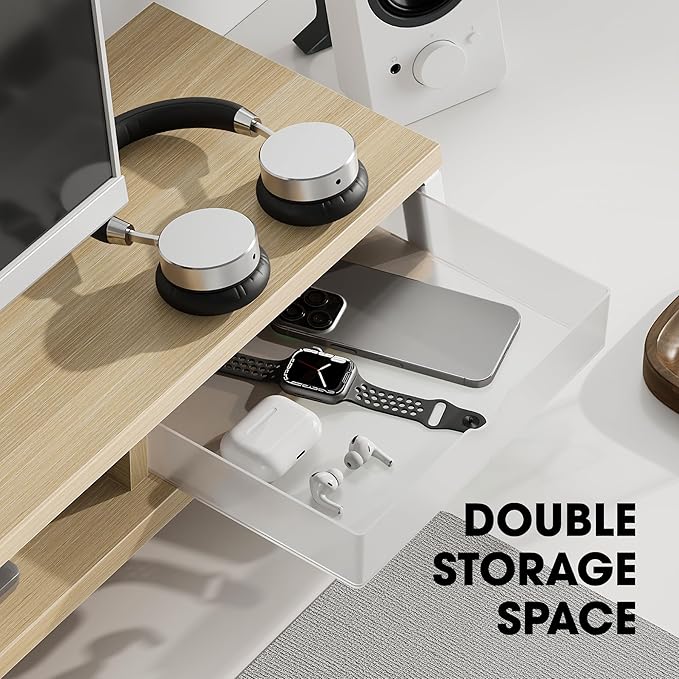 Fenge Dual Monitor Stand Riser, 42.5in Desk Shelf with 2 Drawers, Oak | 2-Tier Monitor Shelf for Desk, Storage Drawer with Stopper, Frosted, fit Home Office, Ultrawide Screen, PC, Laptop, TV - Image 5