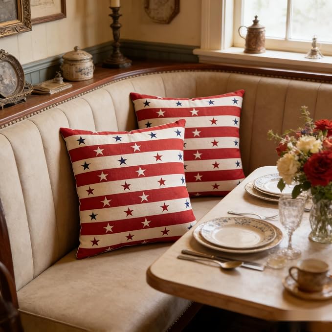 Patriotic Throw Pillow Covers, Stars and Stripes, Red White and Blue, Linen, 18x18 Inch, Set of 2, Zipper Closure，July 4th Independence Day Pillowcase Series - Image 6
