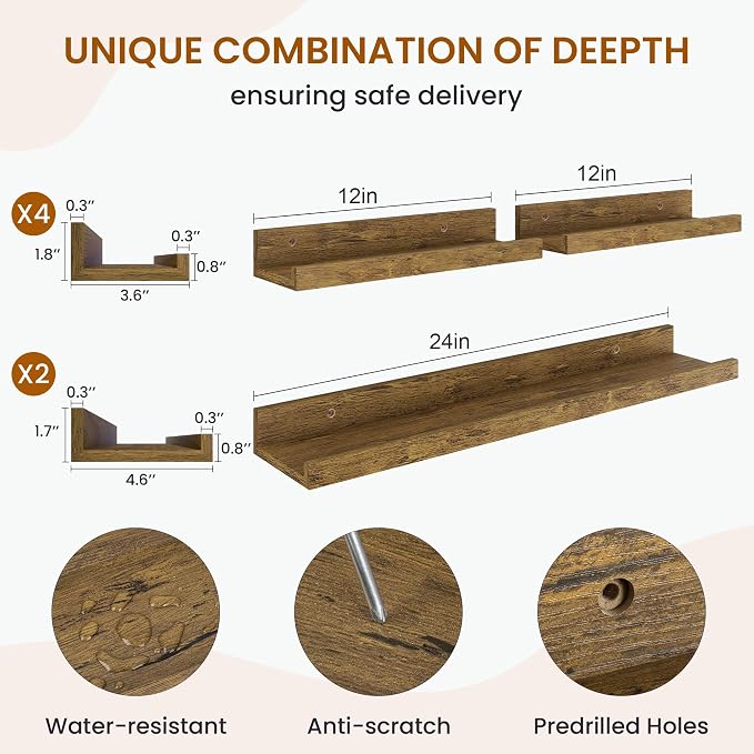 Picture Ledge Shelf, Floating Shelves for Wall Decor, Brown, Set of 6, 24'' - Image 3