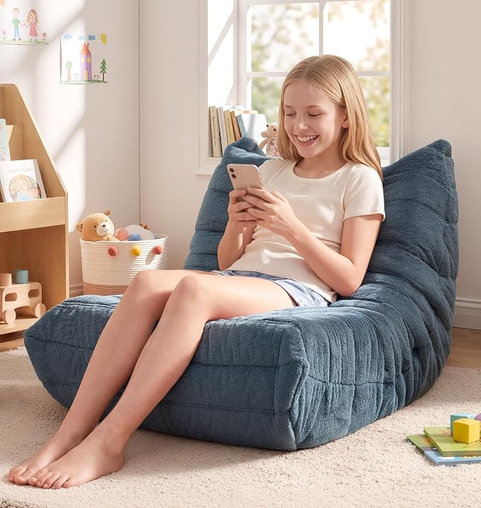 Hobestluk Medium Bean Bag Chairs Lounge Floor Chair BeanBag Couch Togo Sofa | Ergonomic Design,Memory Foam,No Assembly,Faux Fur Fireside Chair Back Support for Reading Playroom | Bluegrey Plush Medium by YourHomeDeservesMore