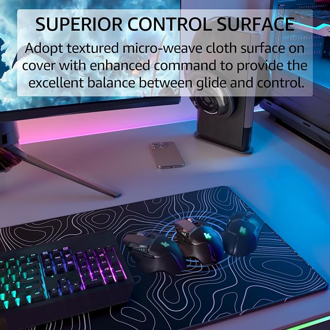 KTRIO Large Gaming Mouse Pad, 31.5 x 11.8 in, Black Topographic, XL | Smooth Micro-Weave Surface, Artistic Pattern Design, Non-Slip Rubber Base, Durable Stitched Edges , Office & Home Use - Image 2
