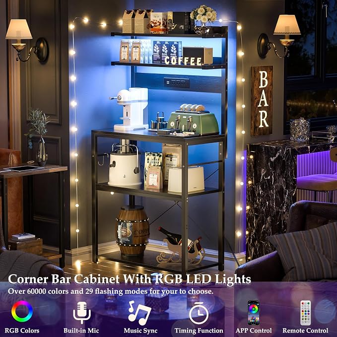Aheaplus Bakers Rack with Power Outlet & RGB LED, 5-Tiers Coffee Bar Table - Image 2