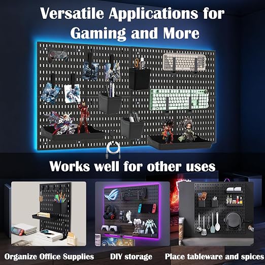 Wall Mount Wall Organizer Pegboard for Gaming & Office, 4 Pack, 12x12 Inch | Pegboard Wall Organizer Kit with Hooks, Shelves, Clips and Bins to Organize Office, Gaming Supplies, Wall Mounted Peg Board - Image 2