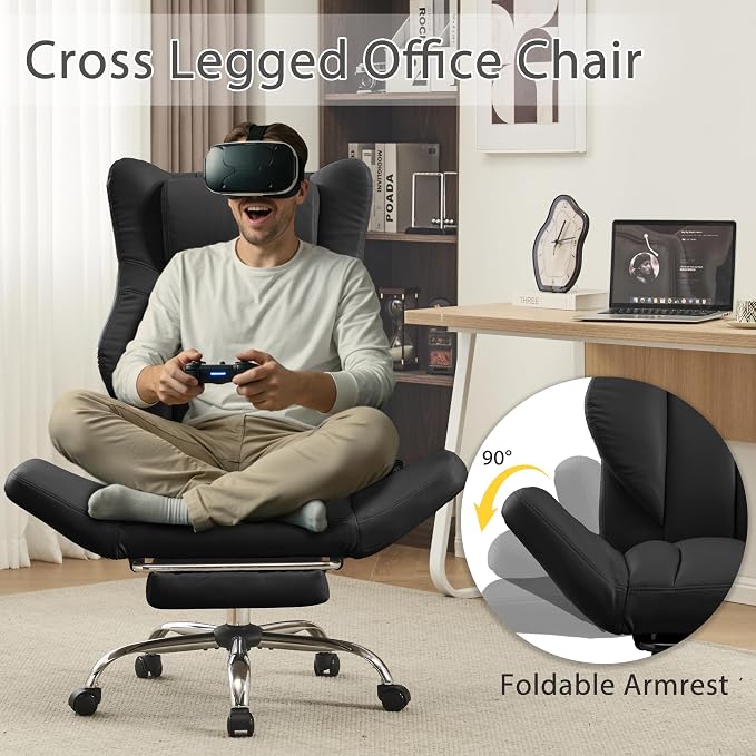 JOMEED Cross Legged Office Chair with Footrest,Flip Armrest,Black | Big and Tall Executive,Ergonomic Design with Lumbar Pillow, 155° Reclining, PU Leather Wide Desk Chair for Home and Office - Image 3
