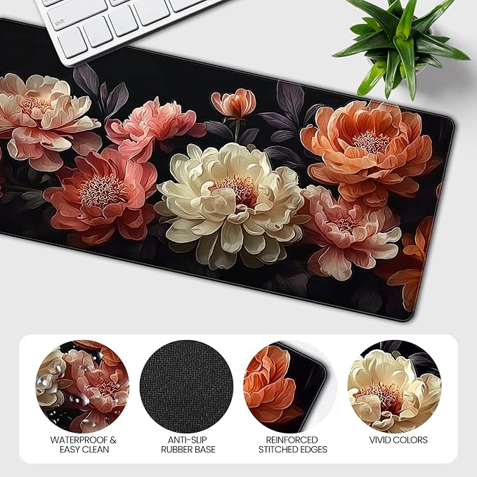 Extended Mouse Pad, Elegant Peony Floral Design, 35.4 x 15.7 Inch, Microfiber Surface, Non-Slip Base, Waterproof, Black with Coral and Cream Flowers - Image 5